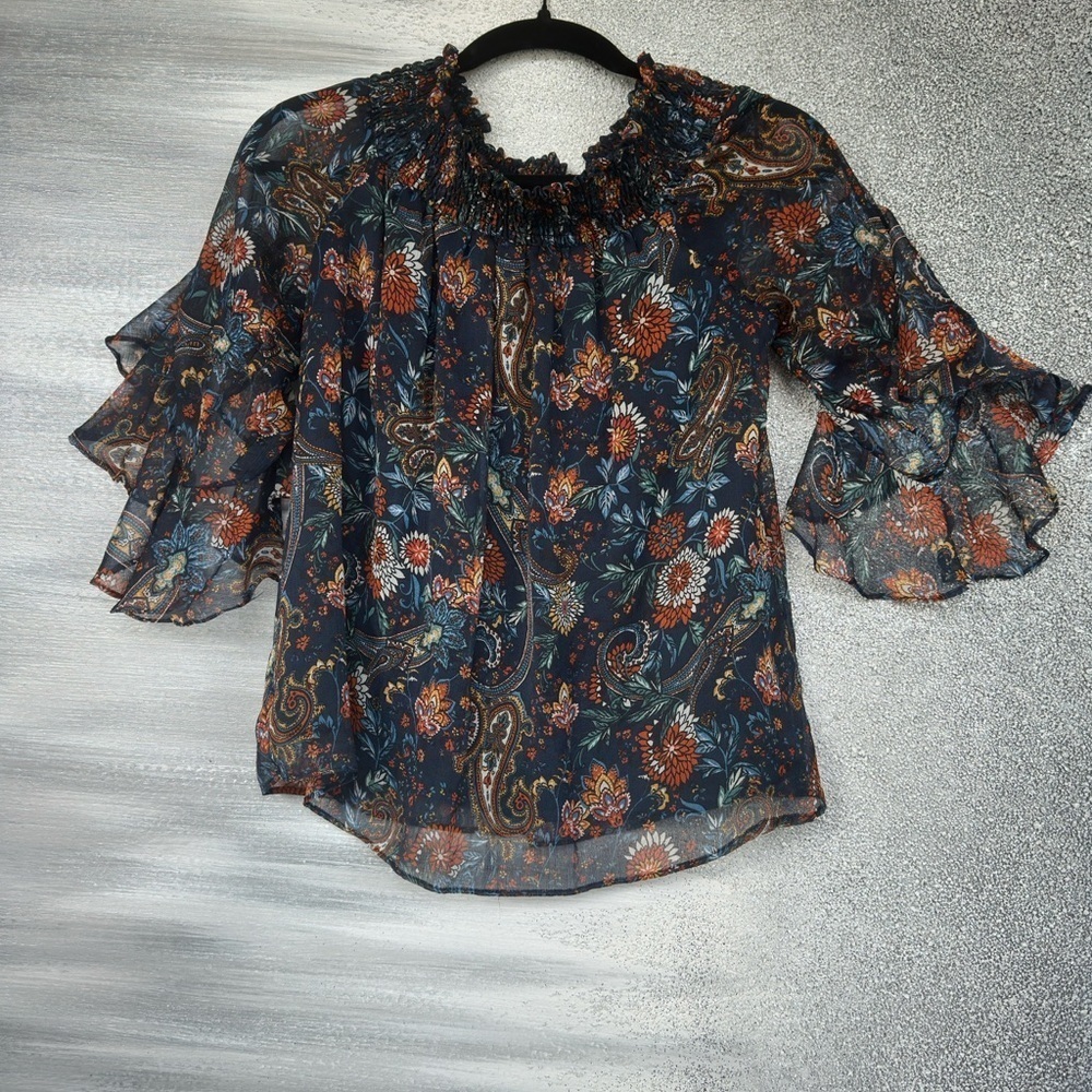 1. State Orange Bell Sleeve Blouse with Ruffled Mandarin Collar - Picture 3 of 6